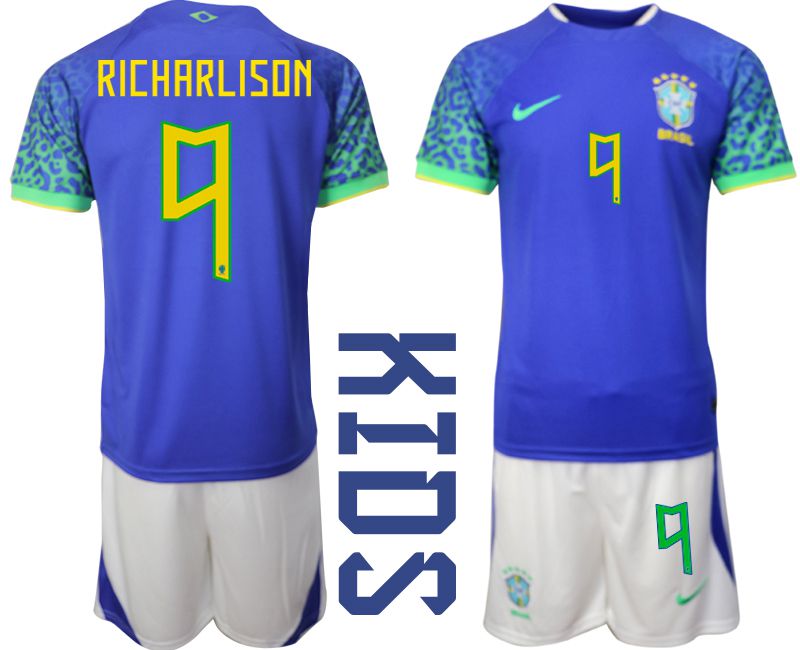 Youth 2022 World Cup National Team Brazil away blue #9 Soccer Jerseys->youth soccer jersey->Youth Jersey